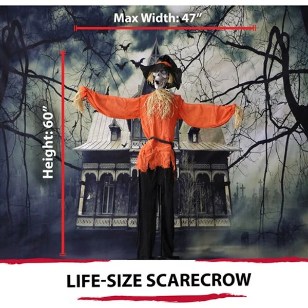 Haunted Hill 60" Standing Scarecrow, Light-up-Eyes, Sound, Rotating Head - Orang 2 Haunted Hill 60" Standing Scarecrow, Light-up-Eyes, Sound, Rotating Head - Orang - Image 2