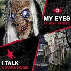 60" Standing Witch, Light-up-Eyes, Sound, Rotating Head - Green